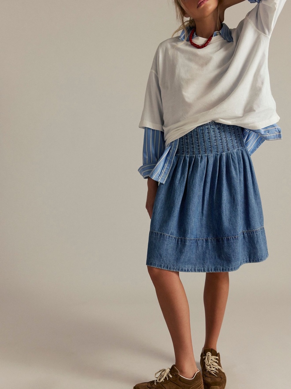 NWT Free People We The Free Peyton Pintuck Denim A-Line Midi Skirt Size 2 - Picture 11 of 14